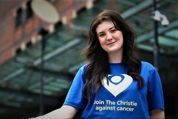 A photo of former Christie patient and Christie Charity supporter Lea Abell in a Christie Charity t-shirt.