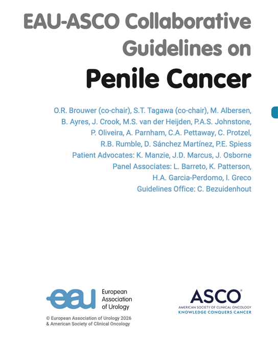 A graphic for the EAU-ASCO Collaborative Guidelines on Penile Cancer. The authors listed are O.R. Brouwer (co-chair), S.T. Tagawa (co-chair), M. Albersen, B. Ayres, J, Crook, M.S. van Heijden, P.A.S. Johnstone, P. Oliveira, A. Parnham, C.A. Pettaway, C. Protzel, R.B. Rumble, D. Sanchez Martinez, P.E. Speiss. Patient advocates: K. Manzie, J.D. Marcus, J. Osborne. Panel associates: L. Barreto, K. Patterson, H.A. Garcia-Perdomo, I. Greco. Guidelines office: C. Bezuidenhout