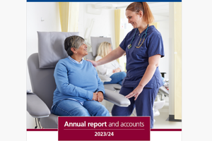 An image of the cover of The Christie's Annual report and accounts for the year 2023 to 2024. The cover features a photo of a female patient sitting in a chair, looking up at a female nurse.