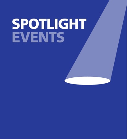 A graphic reading 'Spotlight events', with a beam of light showing on a purple background.
