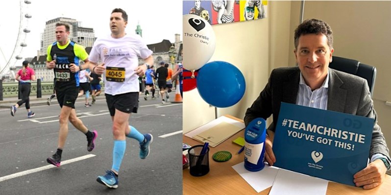A photo of MP Edward Timpson running in support of The Christie Charity on the left, and a photo of MP Edward Timpson in his office with a sign reading 'Team Christie, you've got this!'