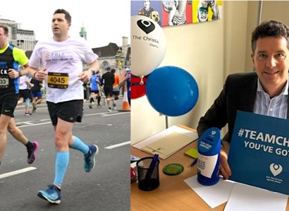 A photo of MP Edward Timpson running in support of The Christie Charity on the left, and a photo of MP Edward Timpson in his office with a sign reading 'Team Christie, you've got this!'