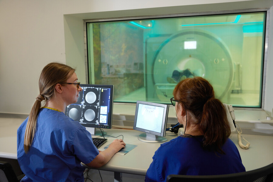 MRI suite, scan, Senior MRI radiographer, Katie Ryan, Deputy clinical specialist radiographer, Alison Kilburn, radiology, Patient, Louise Dobson, November 2022
