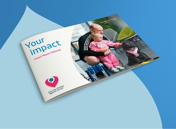 A graphic of the front cover of the 2024 to 2025 Impact Report for The Christie Charity.