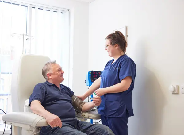 chemotherapy nurse and patient, chemotherapy department, September 2022, Pan Artists, Michael Comerford, chemotherapy unit sister, Emily Metcalfe