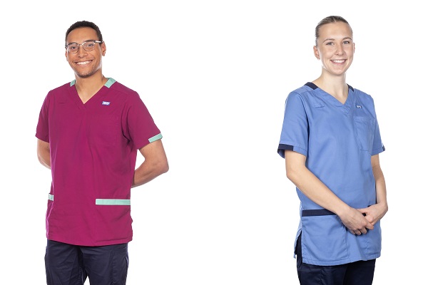 On the left, a photo of a diagnostic radiographer wearing a uniform in ruby with pale green trim; on the right, a photo of a registered nurse wearing a uniform in hospital blue with navy trim.