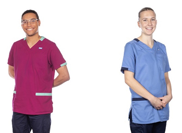 On the left, a photo of a diagnostic radiographer wearing a uniform in ruby with pale green trim; on the right, a photo of a registered nurse wearing a uniform in hospital blue with navy trim.
