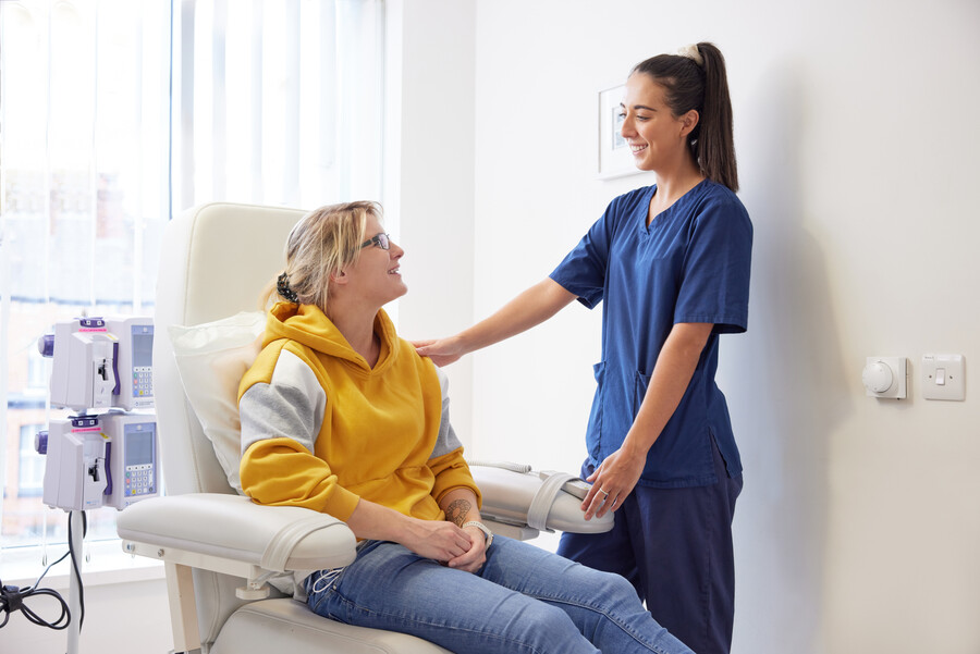 chemotherapy nurse and patient, chemotherapy department, Pan Artists, September 2022, Charlotte Kay, Chemotherapy staff nurse, Jessica Coombs