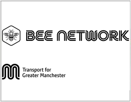 The logo for Transport for Greater Manchester and the Bee Network.