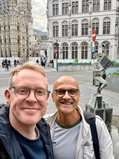 A photo of Professor Vijay Sangar and Mr Arie Parnham, consultant surgeons at The Christie visiting Leuven, Belgium.