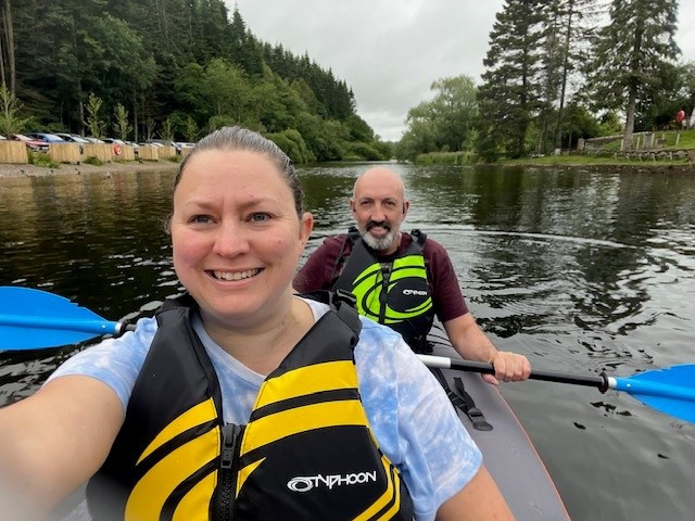 A photo of Christie patient Jodie Goulborn in a kayak with her husband John.