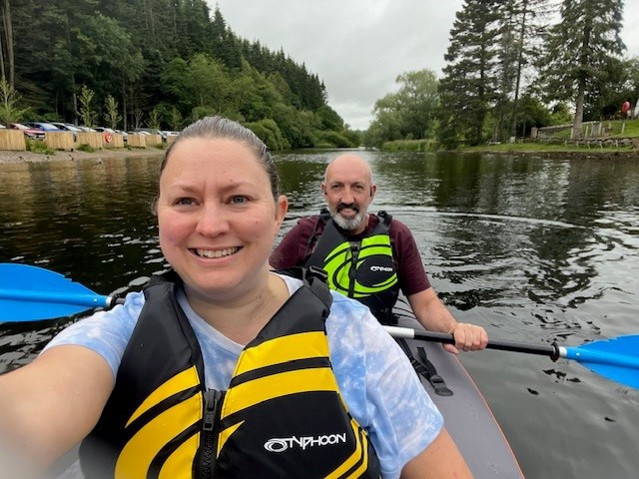 A photo of Christie patient Jodie Goulborn in a kayak with her husband John.