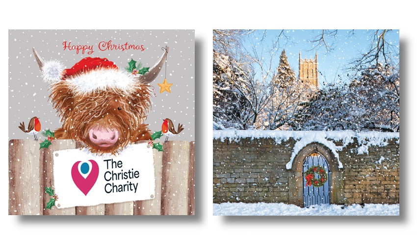 On the left, an image of a Christmas card featuring a Highland cow in a Santa hat holding a sign of The Christie Charity logo; on the right, an image of a Christmas card of a snowy church scene.
