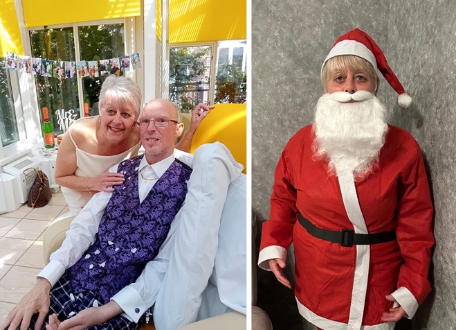 A photo of Christie supporter Sandra and her husband Dave at The Christie on their wedding day on the left; on the right, a photo of Sandra dressed as Father Christmas.