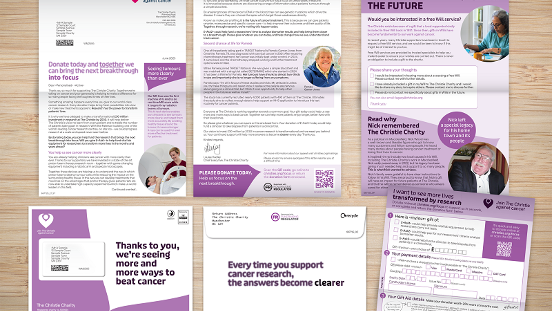 A photo of a direct marketing mailing pack from The Christie Charity. The envelope reads 'Thanks to you, we're seeing more and more ways to beat cancer' on the front, and 'Every time you support cancer research, the answers become clearer' on the back.