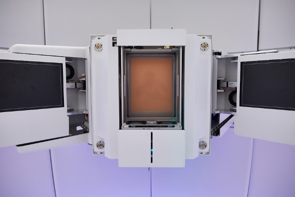 The imaging panels attached to the nozzle used in proton beam therapy, used to detect exit dose from the patient to form an image.