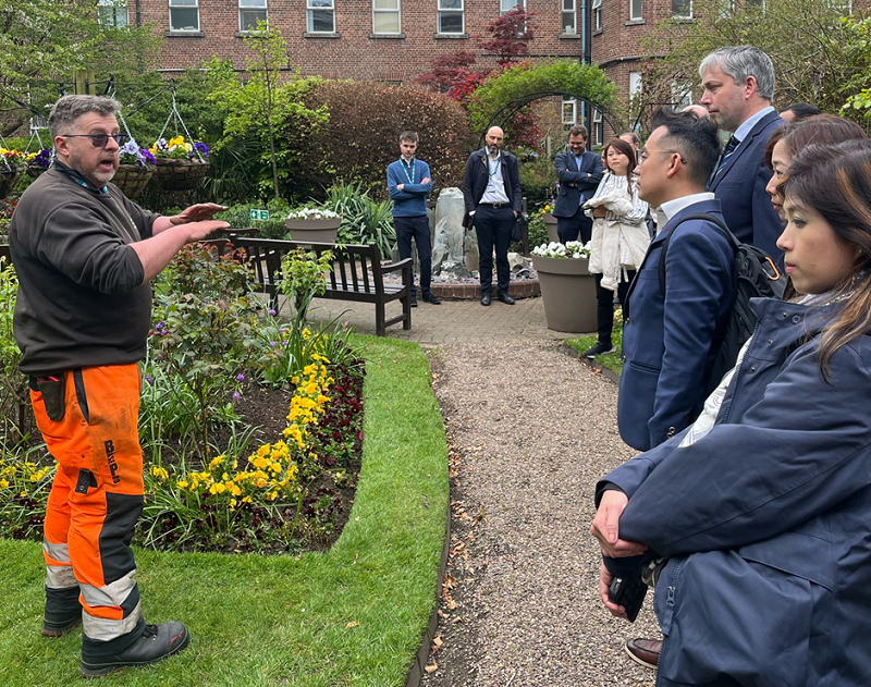 A photo of a delegation led by the Singapore Ministry for Health Holdings visiting The Christie to exchange experiences with Will Blair, The Christie’s Sustainability Manager, and the wider estates team.