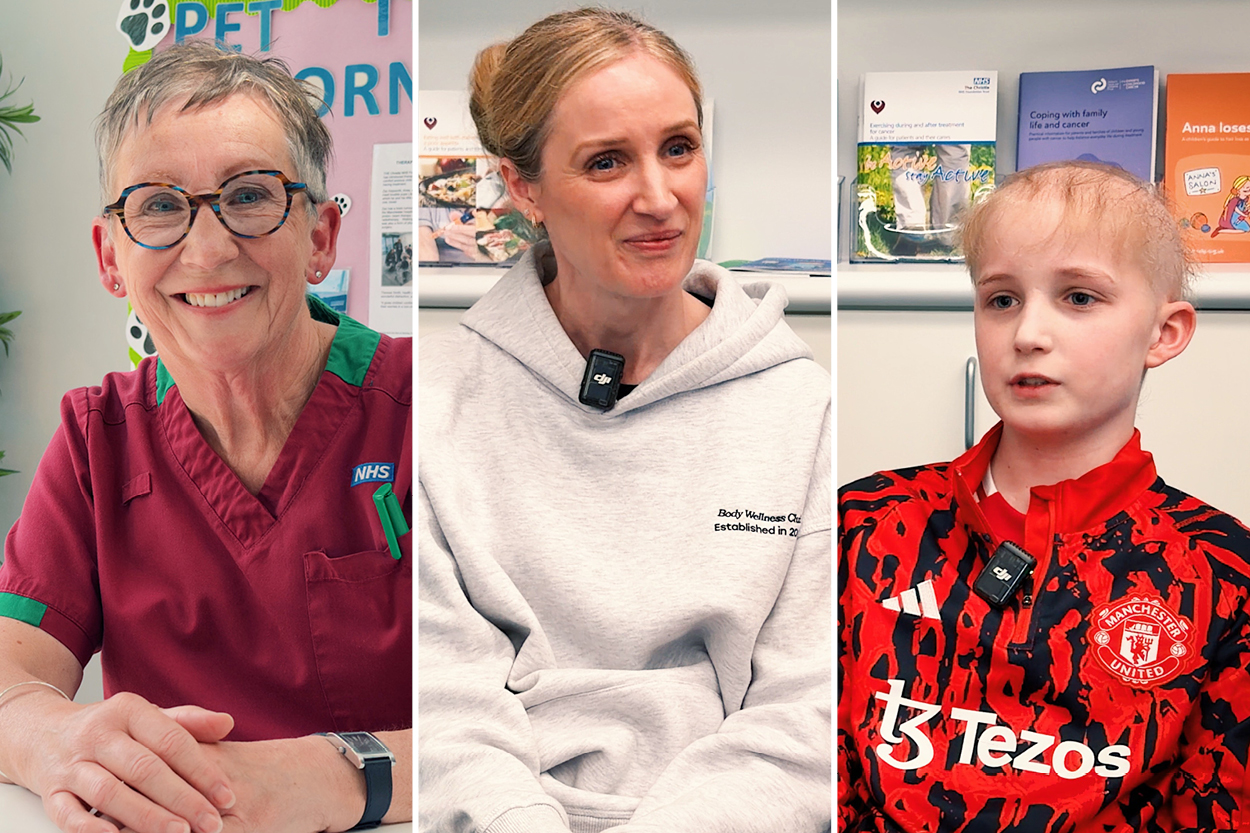 A photo of Therese Smith, a photo of Christie patient Dominic and in the middle, a photo of Dominic's mum Helen.