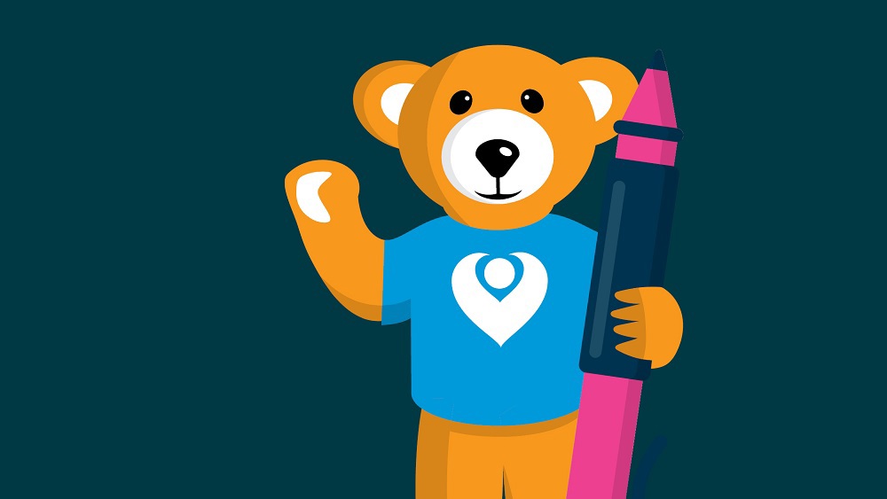 A graphic of Christie Bear wearing a Christie Charity t-shirt and holding a giant crayon.
