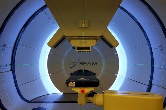 The gantry used in proton beam therapy, which can rotate 360 degrees around a patient to ensure the best beam angle for treatment.
