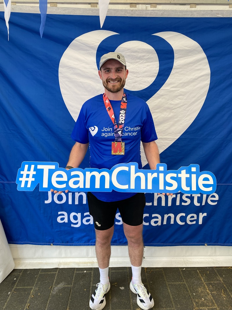 A photo of Christie Charity fundraiser Tom Reade after completing the Manchester Marathon 2026.