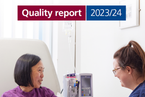 An image of the front cover of The Christie NHS Foundation Trust's Quality Report for the year 2023 to 2024 featuring a nurse treating a female patient.