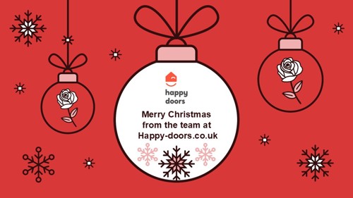 A Christmas bauble graphic reading 'Merry Christmas from the team at Happy-doors.co.uk'.
