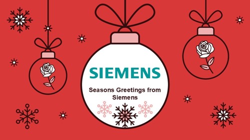 A Christmas bauble graphic reading 'Siemens: Seasons greetings from Siemens'.