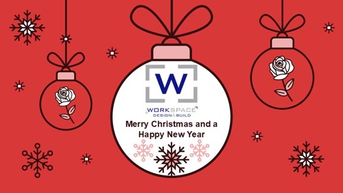 A Christmas bauble graphic reading 'Workspace Design and Build - Merry Christmas and a Happy New Year.'