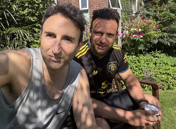 A photo of Christie patient John Blackston and his brother David in The Christie garden.