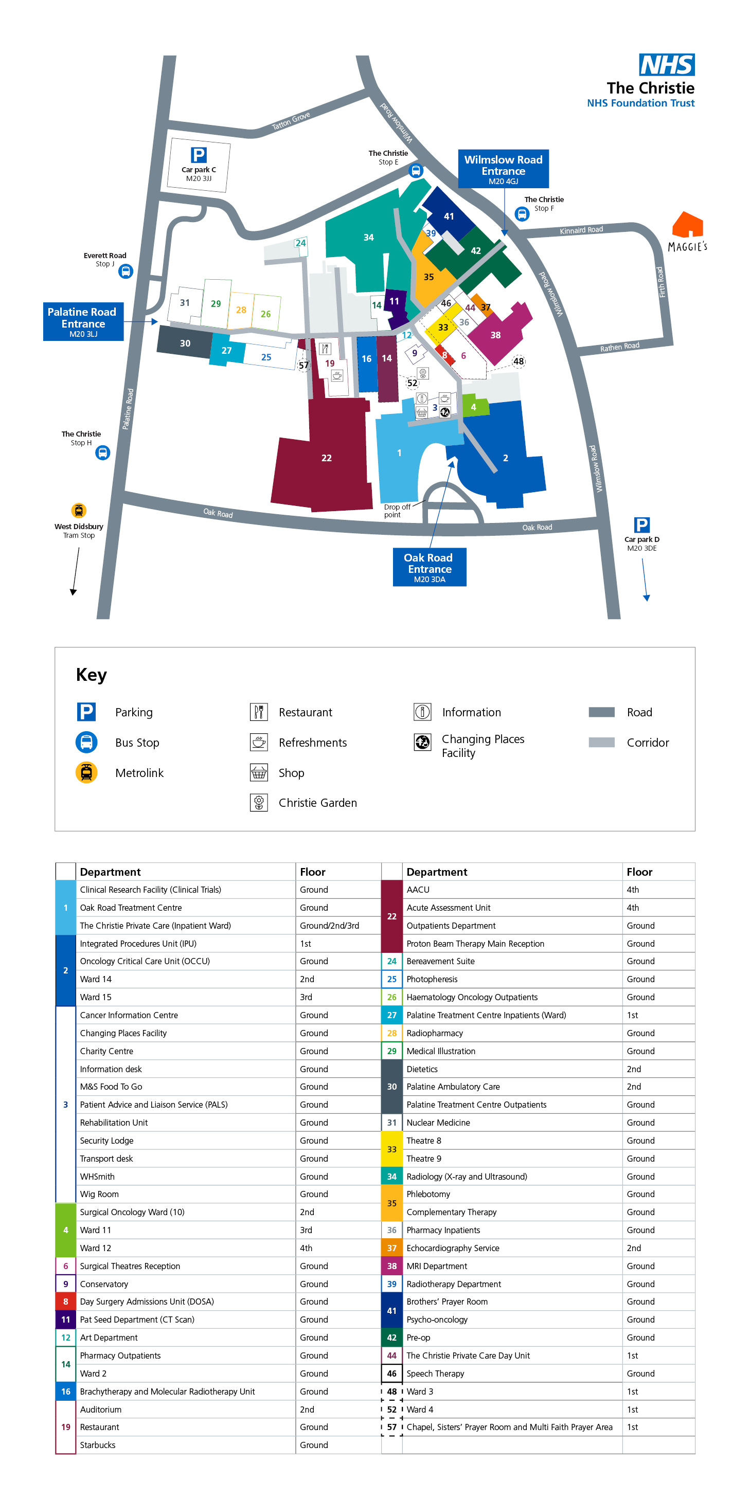 A map of The Christie showing the different departments by number.