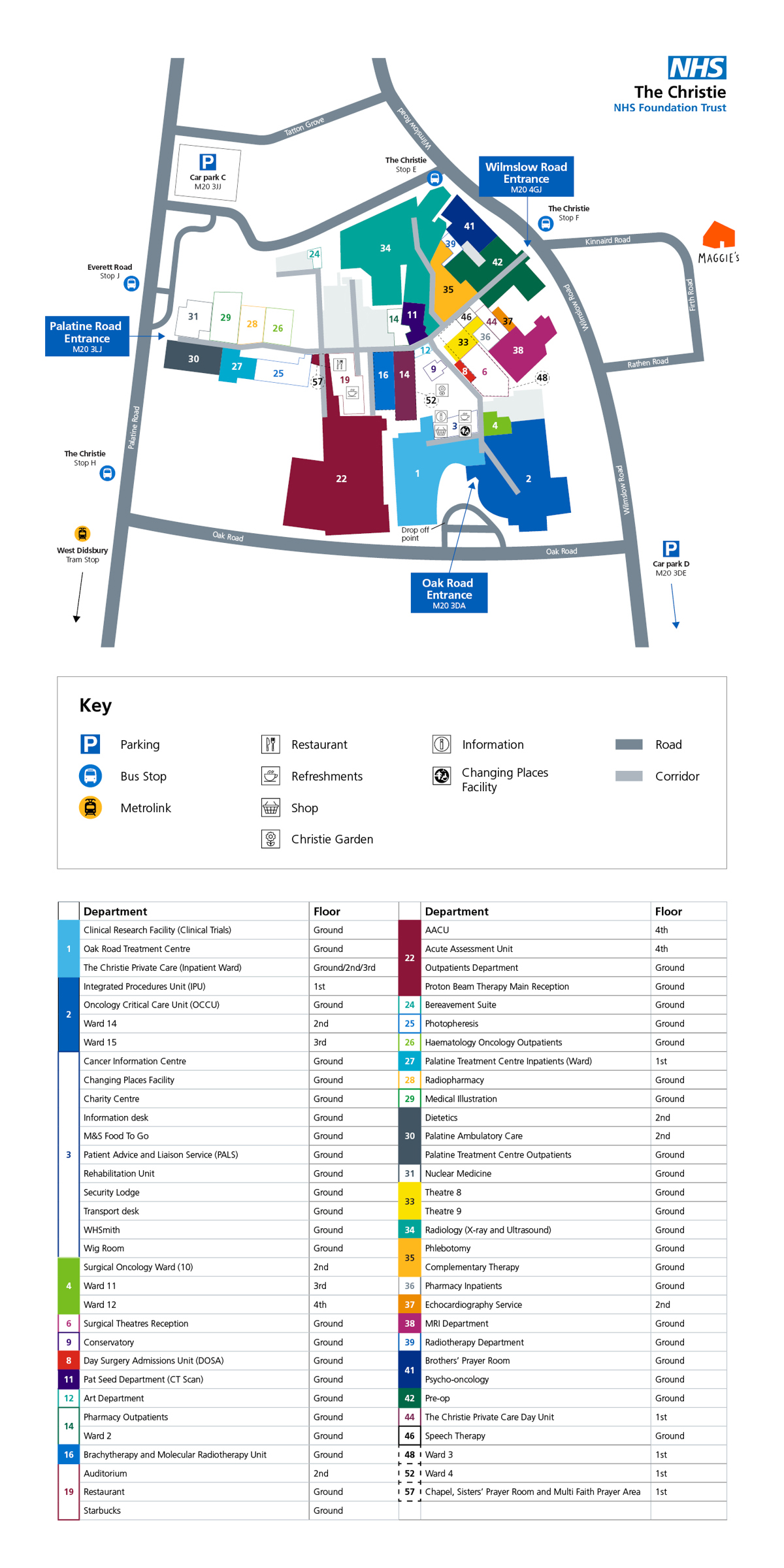 A map of The Christie showing the different departments by number.
