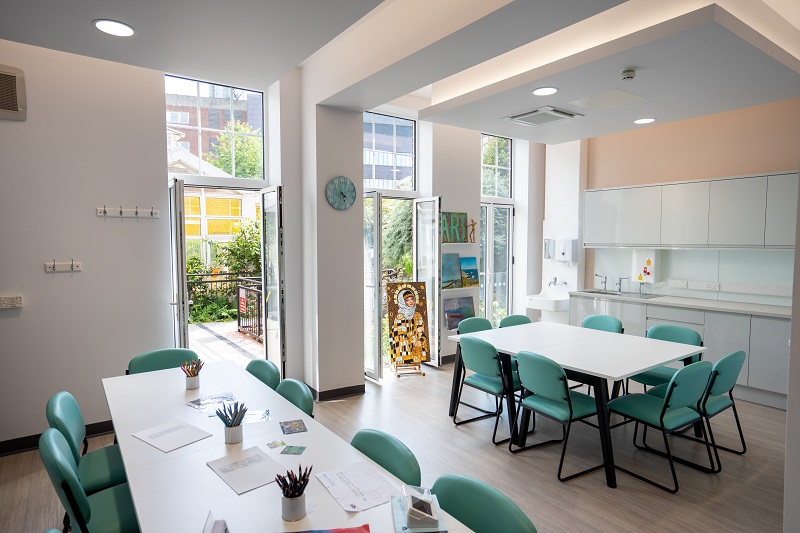 A photo of the art room looking out at the garden at The Christie.