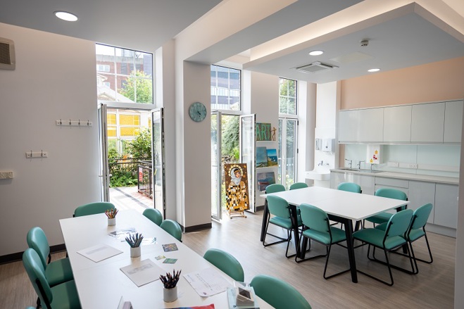 A photo of the art room looking out at the garden at The Christie.