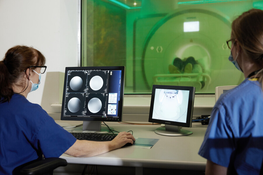 MRI suite, scan, Senior MRI radiographer, Katie Ryan, Deputy clinical specialist radiographer, Alison Kilburn, radiology, Patient, Louise Dobson, November 2022