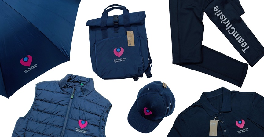 A photo collage of merchandise from The Christie Charity online shop, showing a rucksack, an umbrella, a bodywarmer, a baseball cap, leggings and a polo shirt.