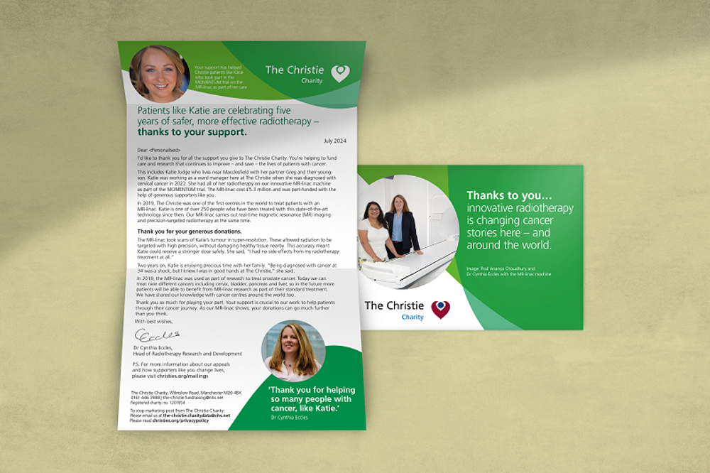 A photo of a direct marketing mailing pack from The Christie Charity. The envelope reads 'Thanks to you... innovative radiotherapy is changing cancer stories here - and around the world'.