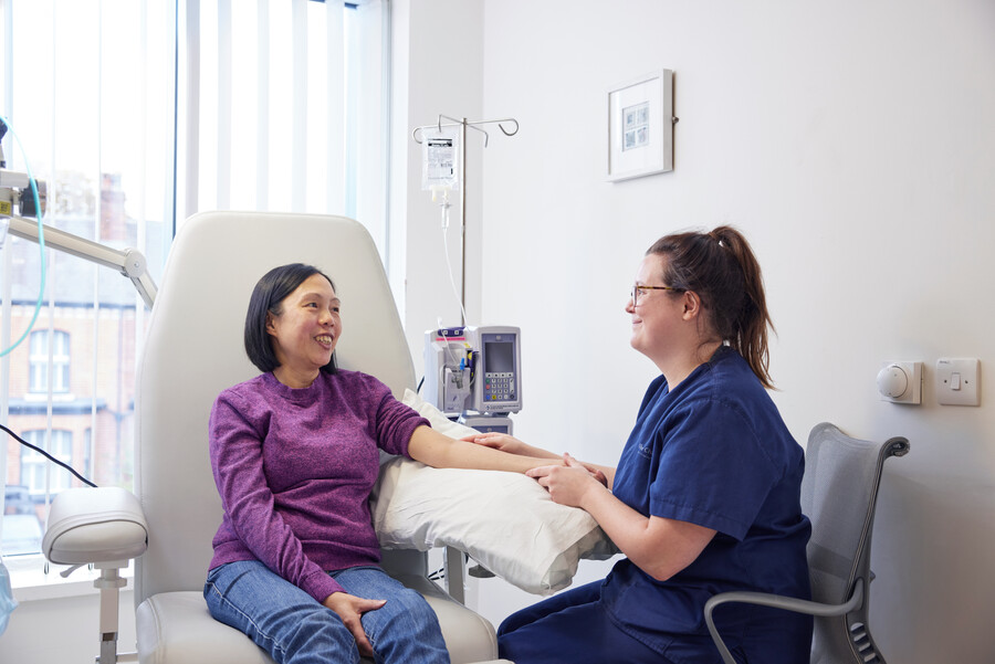 chemotherapy nurse and patient, chemotherapy department, September 2022, Pan Artists, Louisa Chan, chemotherapy unit sister, Emily Metcalfe