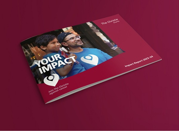 A graphic of the front cover of the 2023 to 2024 Impact Report for The Christie Charity.