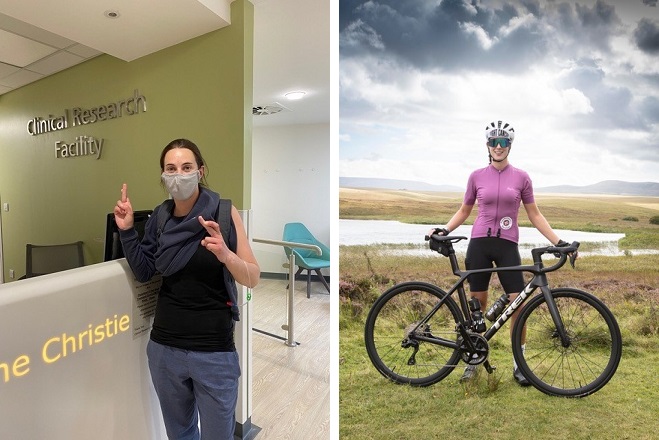 On the left, a photo of Christie patient Bex Hind wearing a surgical face mask and standing at the reception of the Clinical Research Facility at The Christie. On the right, a photo of Bex Hind with a bike.