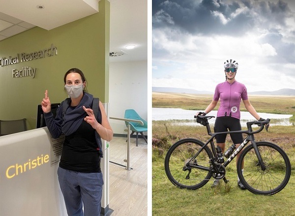 On the left, a photo of Christie patient Bex Hind wearing a surgical face mask and standing at the reception of the Clinical Research Facility at The Christie. On the right, a photo of Bex Hind with a bike.