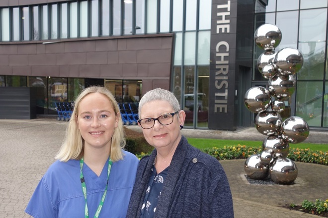 A photo of clinical nurse specialist Sophie Maycock with her patient Libby Holden outside The Christie NHS Foundation Trust.