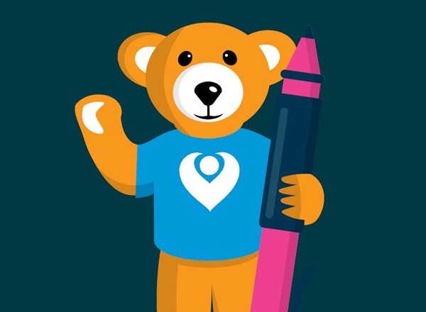A graphic of Christie Bear wearing a Christie Charity t-shirt and holding a giant crayon.
