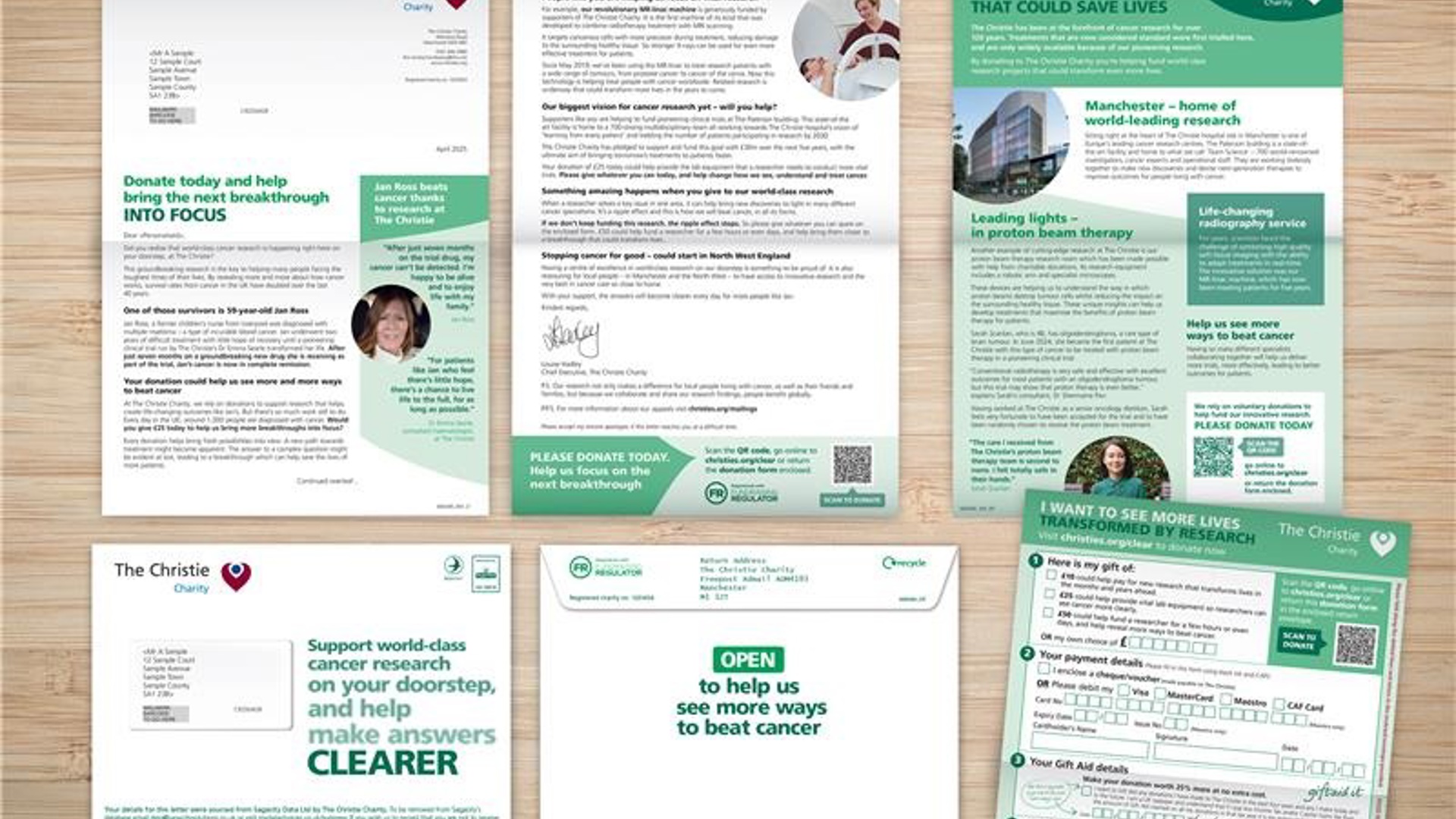 A photo of a direct marketing mailing pack from The Christie Charity. The envelope reads 'Support world-class cancer research on your doorstep, and help make answers clearer' on the front, and 'Open to help us see more ways to beat cancer' on the back.