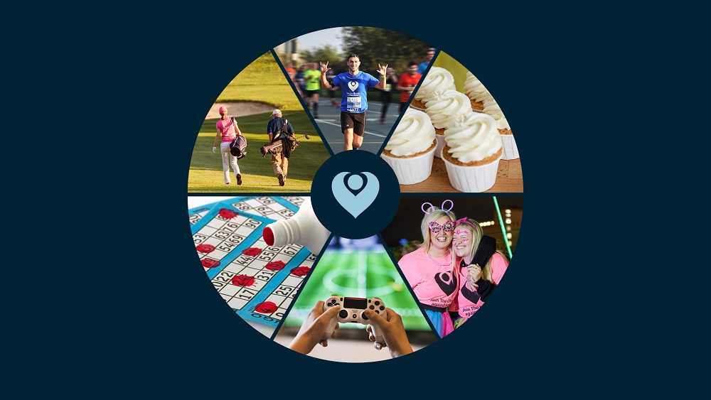 A graphic representing The Christie Charity Challenge, displaying a man running, cupcakes, 2 women in neon clothing, a games console, a bingo card, and 2 people playing golf.