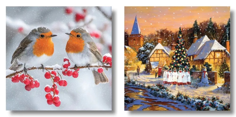 A Christmas card image on the left showing 2 mice sharing a meal on top of a toadstool; on the right, a Christmas card image showing Father Christmas with 3 robins on his hat.