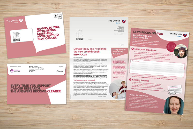 A photo of a direct marketing mailing pack from The Christie Charity. The front of the envelope reads 'Thanks to you, we're seeing more and more ways to beat cancer' and the back of the envelope reads 'Every time you support cancer research, the answers become clearer'.