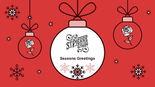 A Christmas bauble graphic reading 'St Pierre Groupe: Seasons Greetings'.