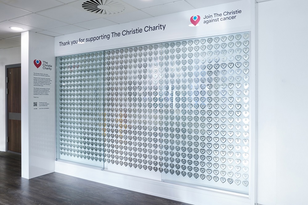 A photo of The Christie Charity Recognition Wall in The Christie hospital.