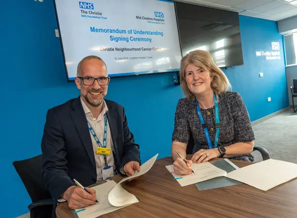 A photo of Dr Neil Bayman, Medical Director and Deputy Chief Executive of The Christie NHS Foundation Trust and Dr Clare Hammell, Chief Medical Officer and Deputy Chief Executive Officer at Mid Cheshire Hospitals NHS Foundation Trust.